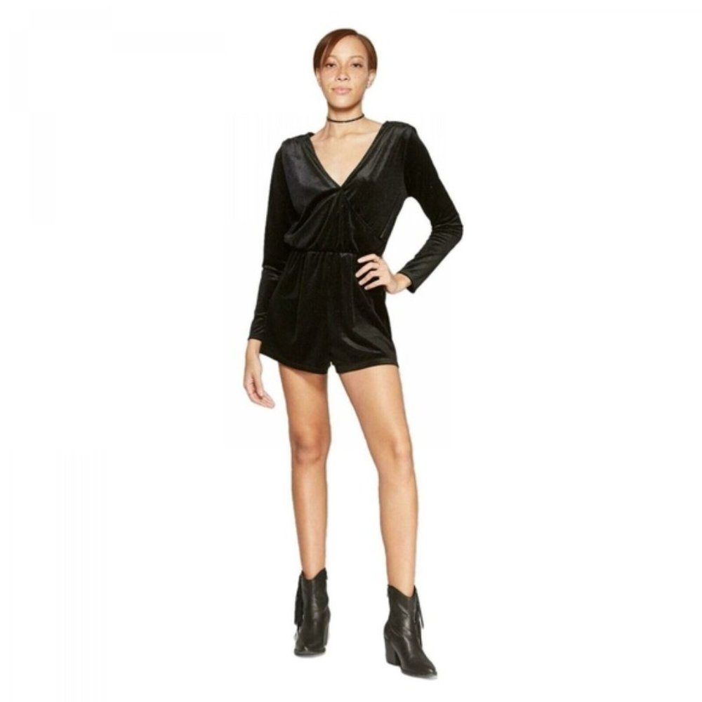 Wild Fable Velour Faux Wrap Romper Black